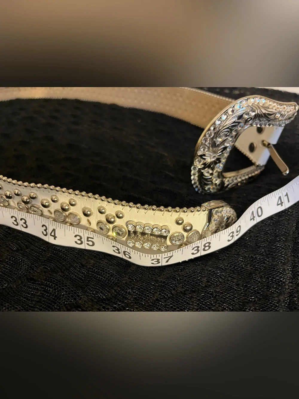 B.B. Simon Crystal-Studded Leather Belt with Rhinestone Buckle